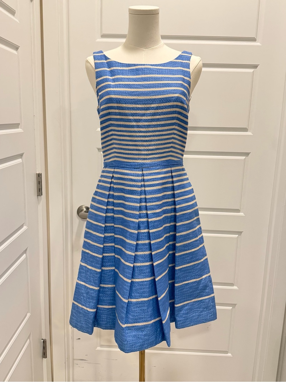 Taylor Blue and White Striped Sleeveless Midi Dress